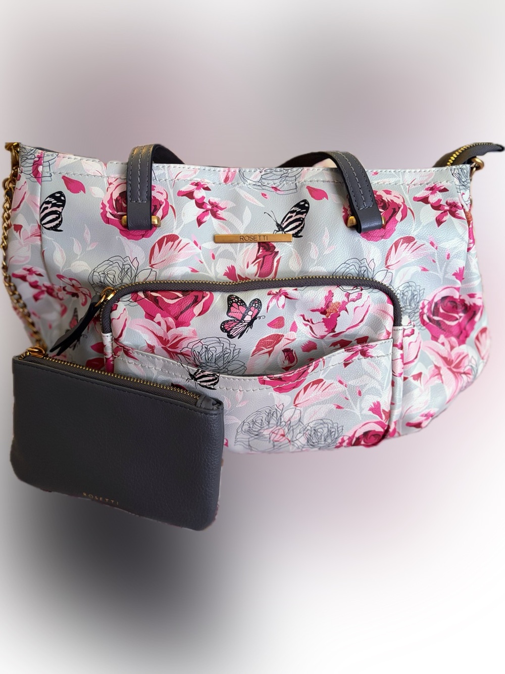 Rosetti Floral Tote Bag in Pink and Gray with Butterfly Accent